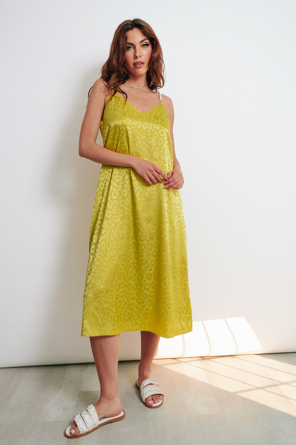 Lime Φόρεμα με Διακοσμημένη Τιράντα