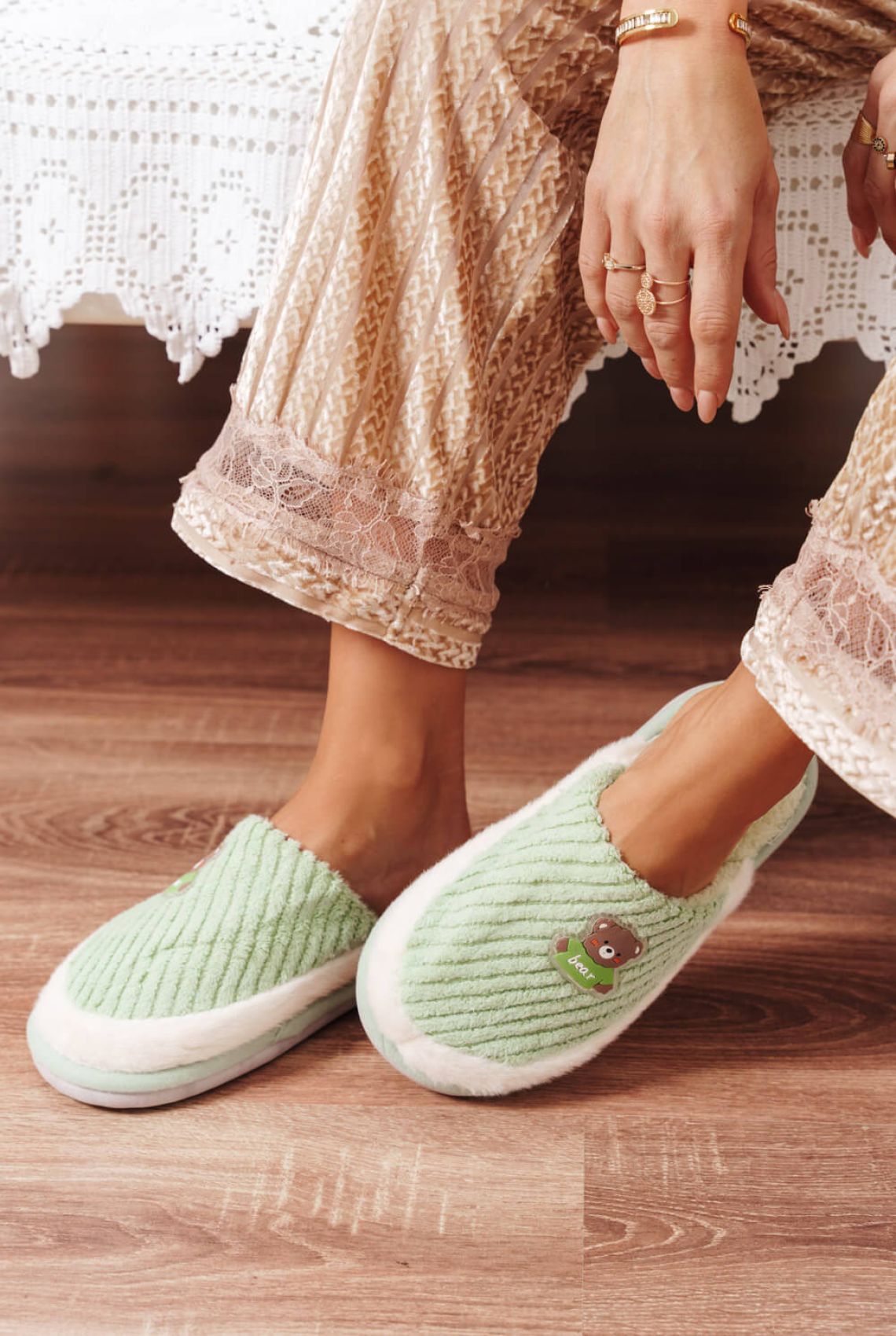 Green Fluffy Soft Slippers with Teddy Bear