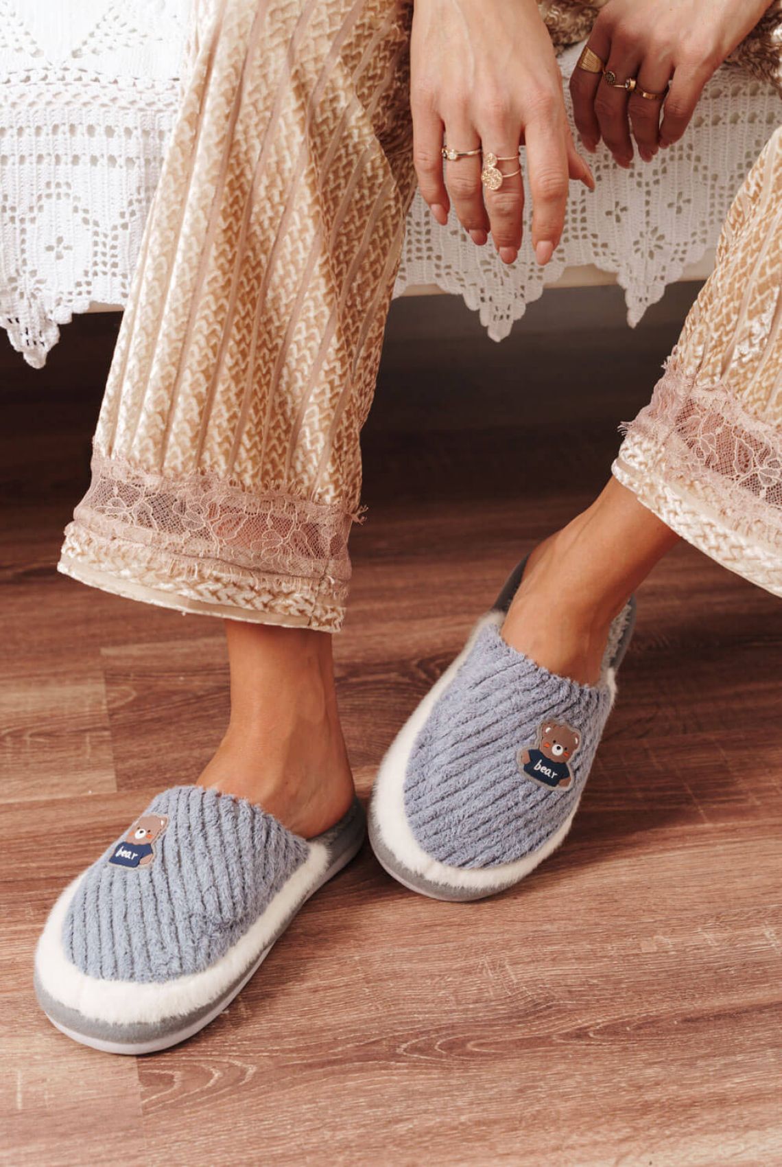 Grey Fluffy Soft Slippers with Teddy Bear