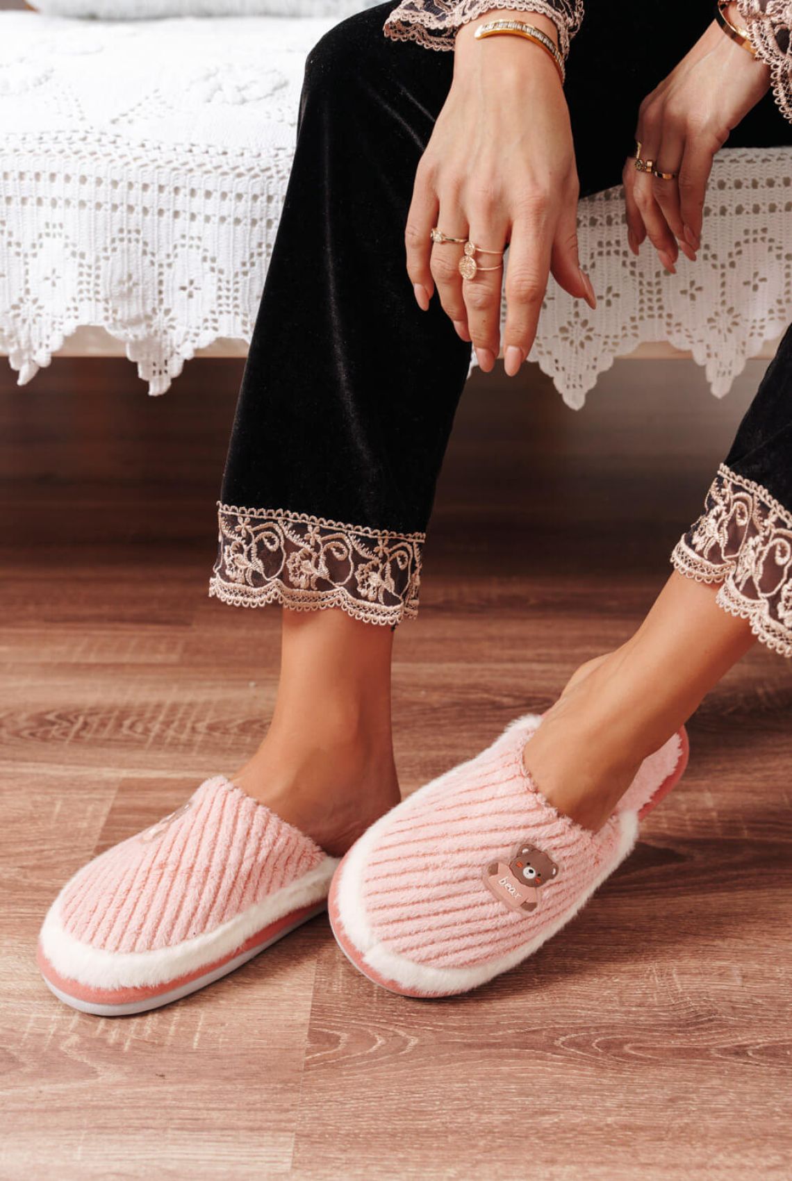 Pink Fluffy Soft Slippers with Teddy Bear