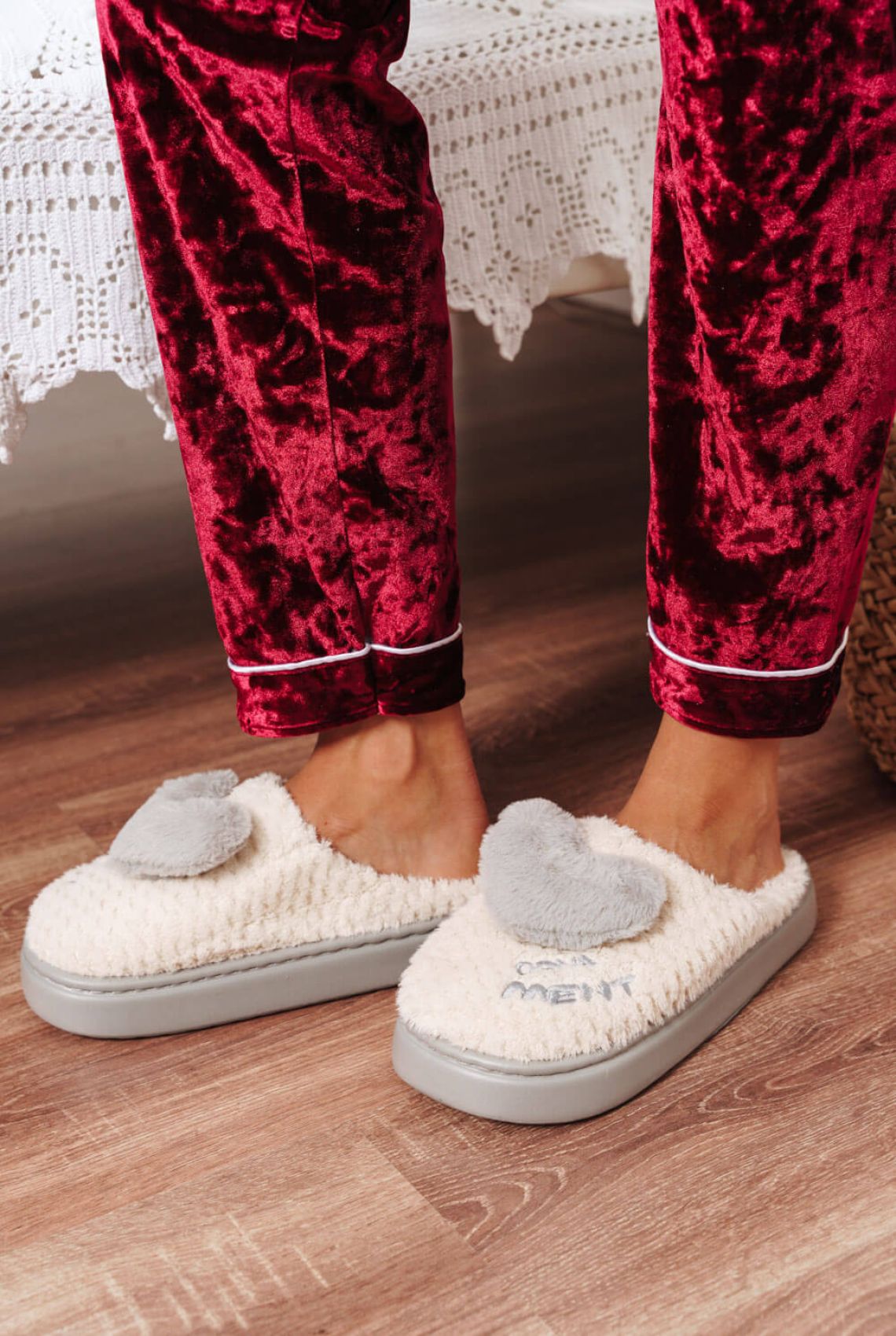 Grey Fur Slippers with Heart