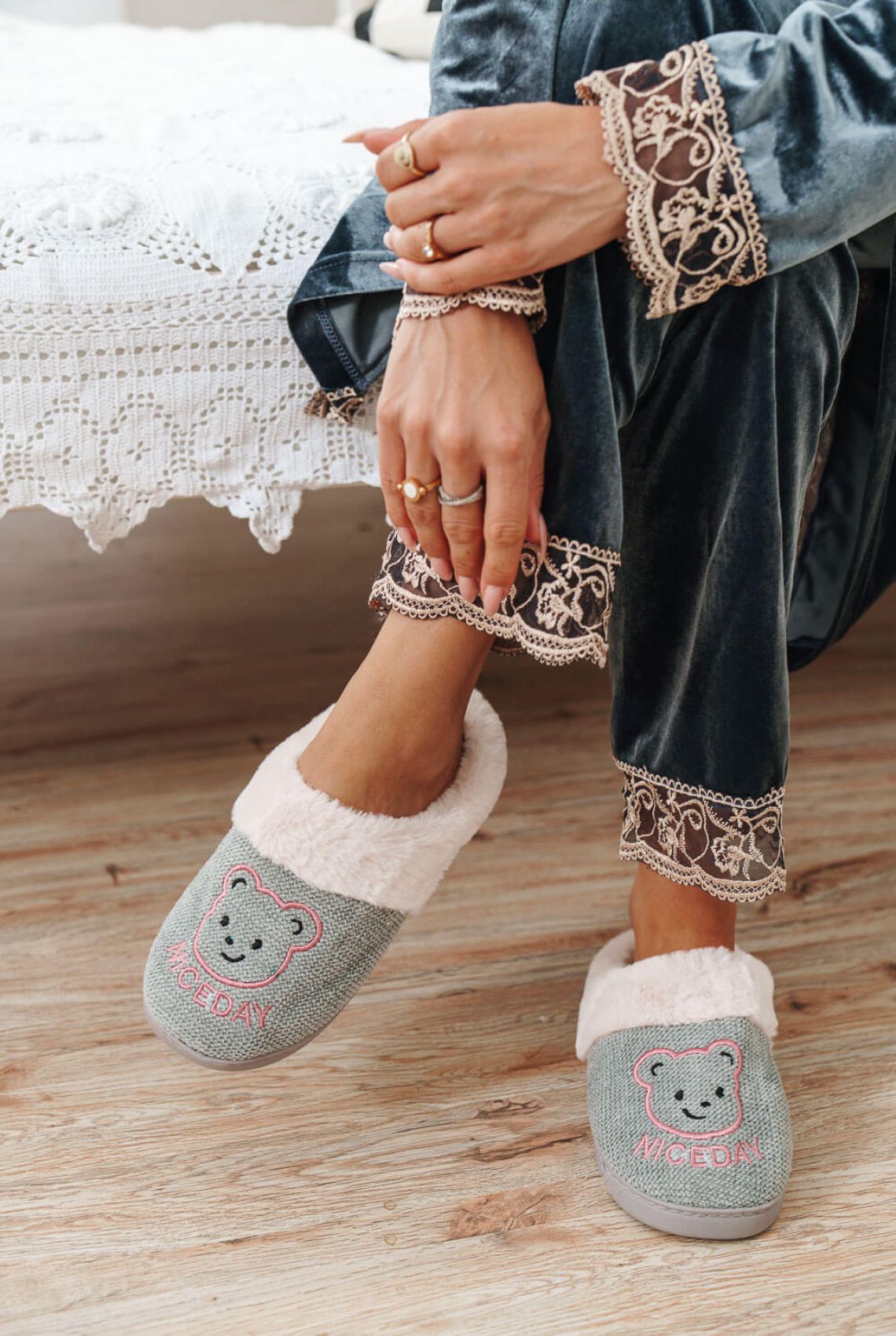 Grey Faux Fur House Slippers with Embroidered Design