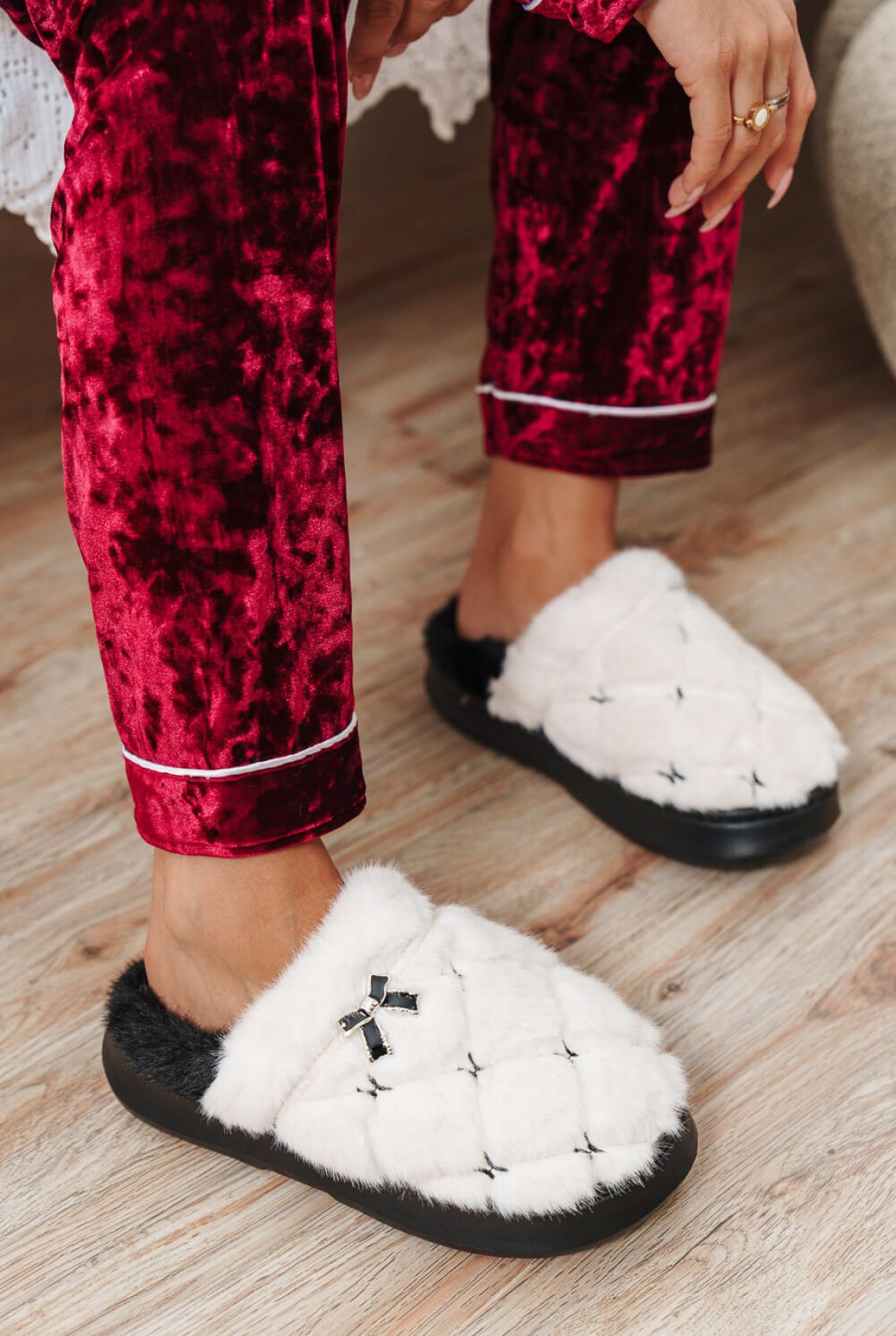 White Faux Fur Quilted House Slippers