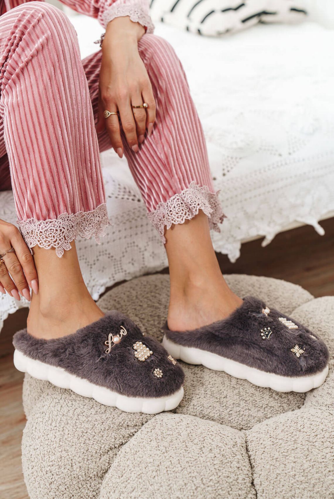 D.Grey Faux Fur House Slippers with Decorative Details