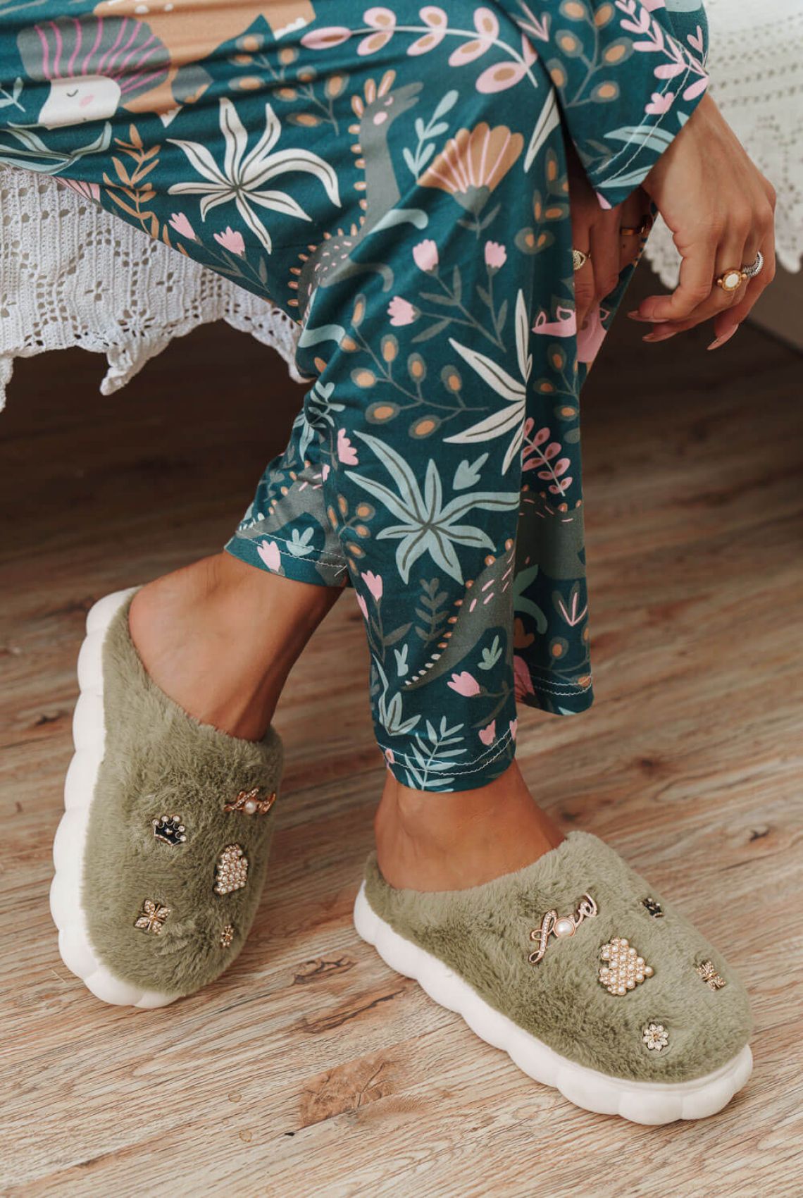 Green Faux Fur House Slippers with Decorative Details