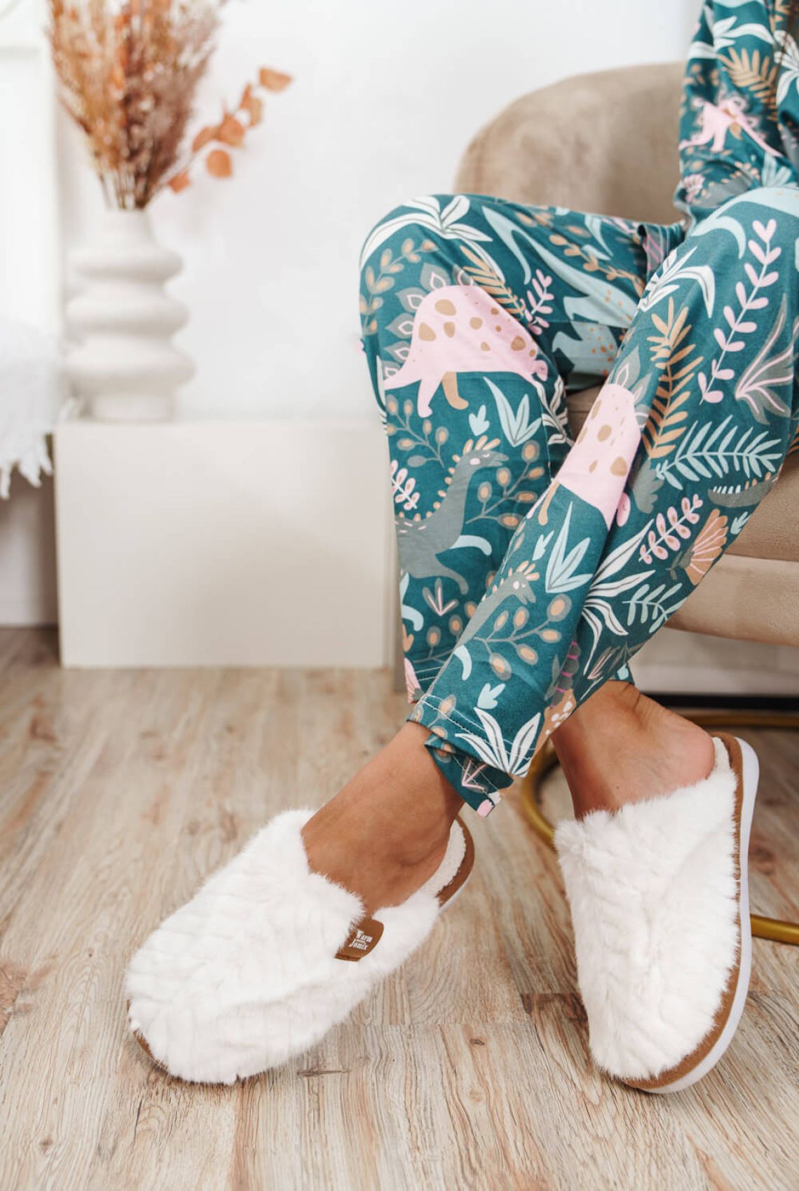 White Fur House Slippers with Lightweight Sole