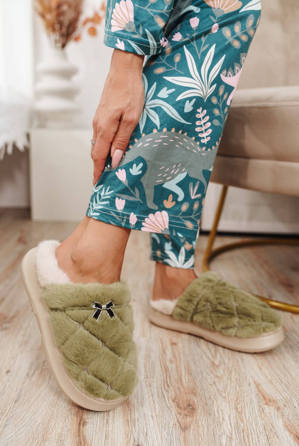 Green Faux Fur Quilted House Slippers
