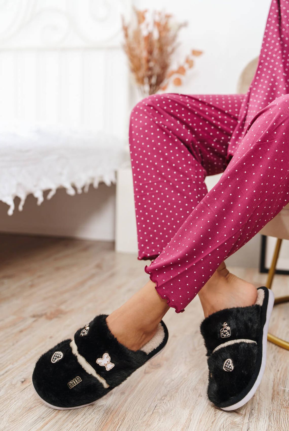 Black Faux Fur House Slippers with Decorative Charms