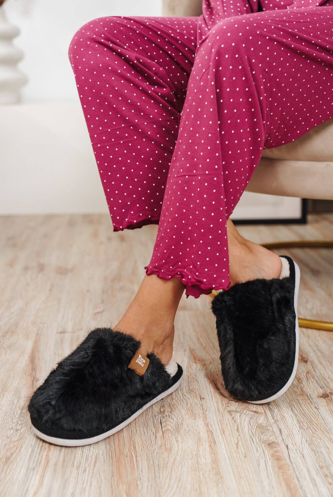 Black Fur House Slippers with Lightweight Sole