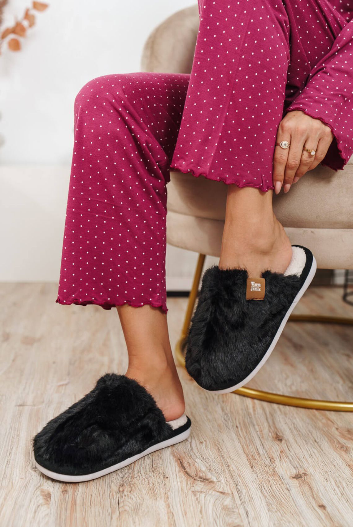 Black Fur House Slippers with Lightweight Sole