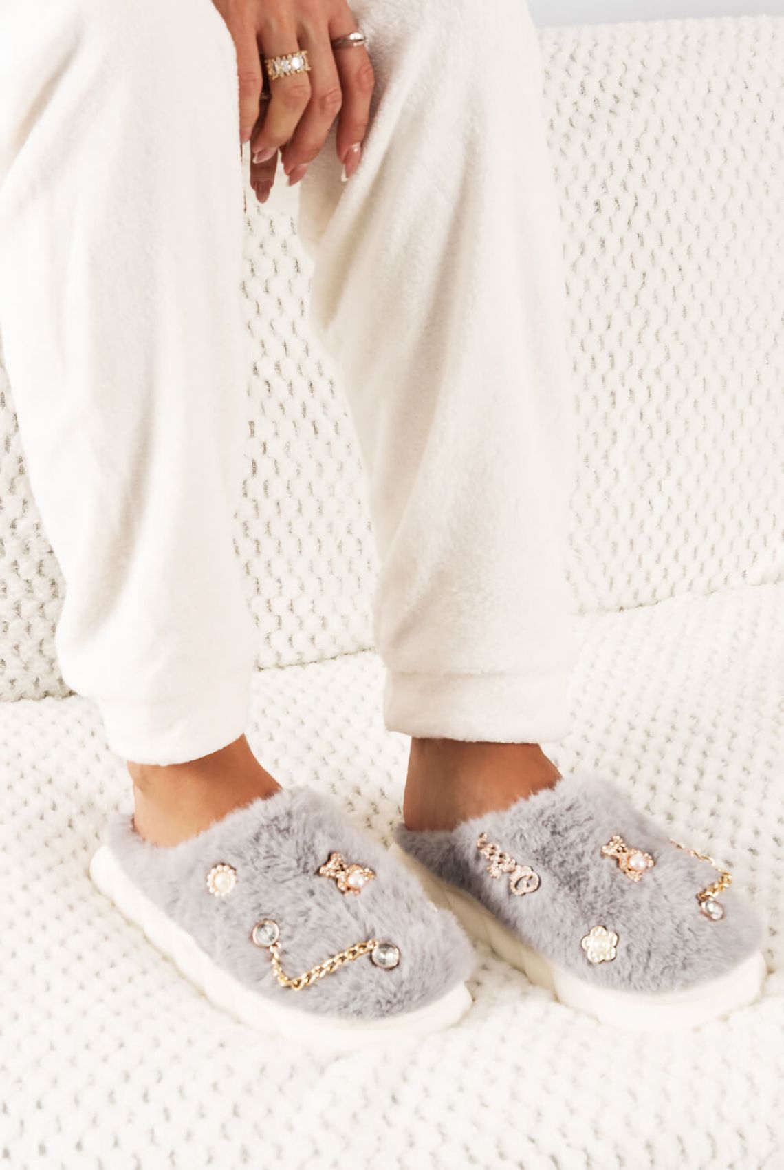 Grey Fur Slippers with Jewelry