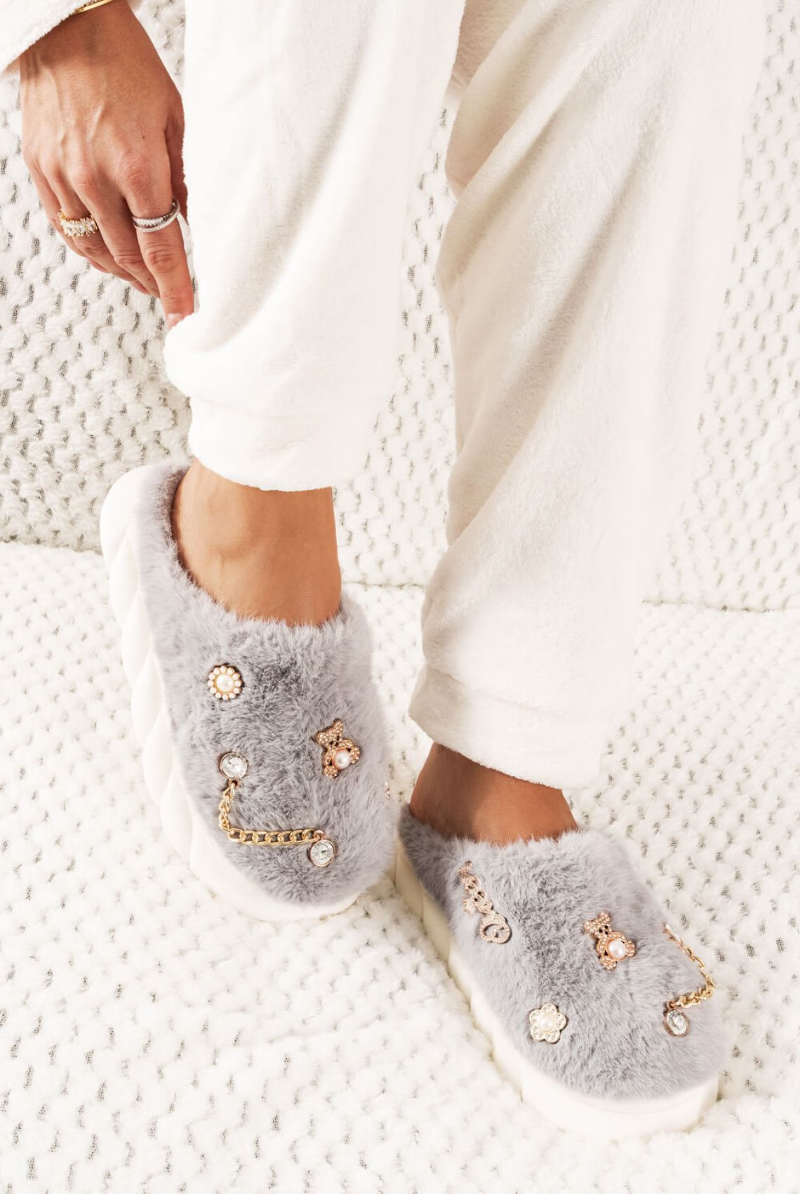 Grey Fur Slippers with Jewelry
