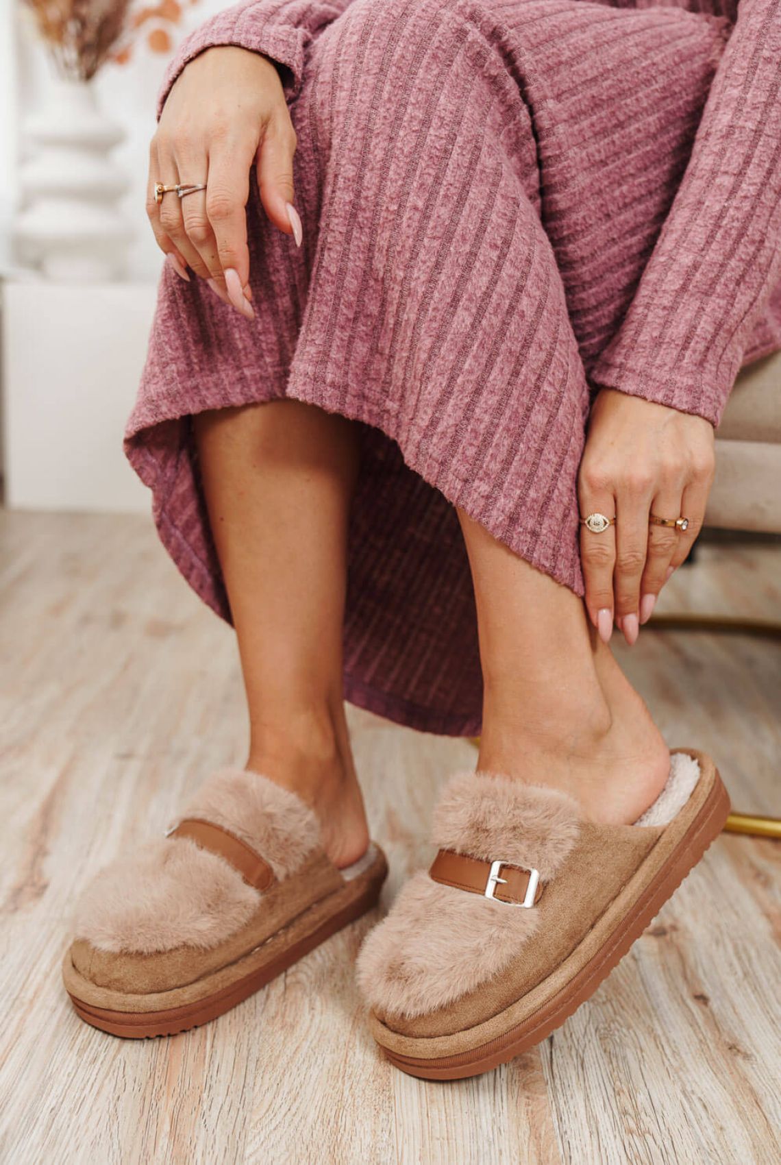 Brown Fur Home Slippers with Buckle Strap