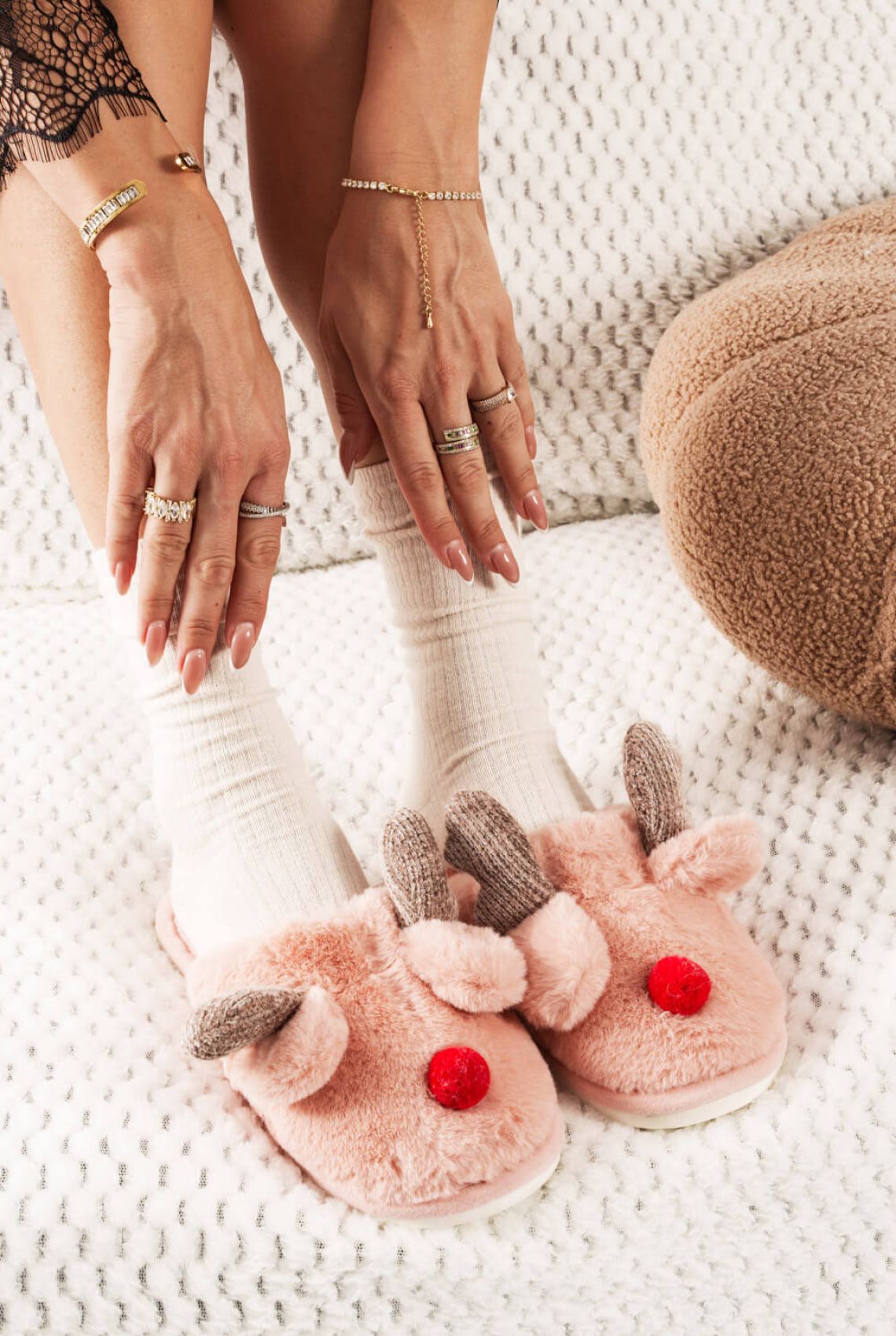 Pink Fur Slippers with Reindeer Pattern