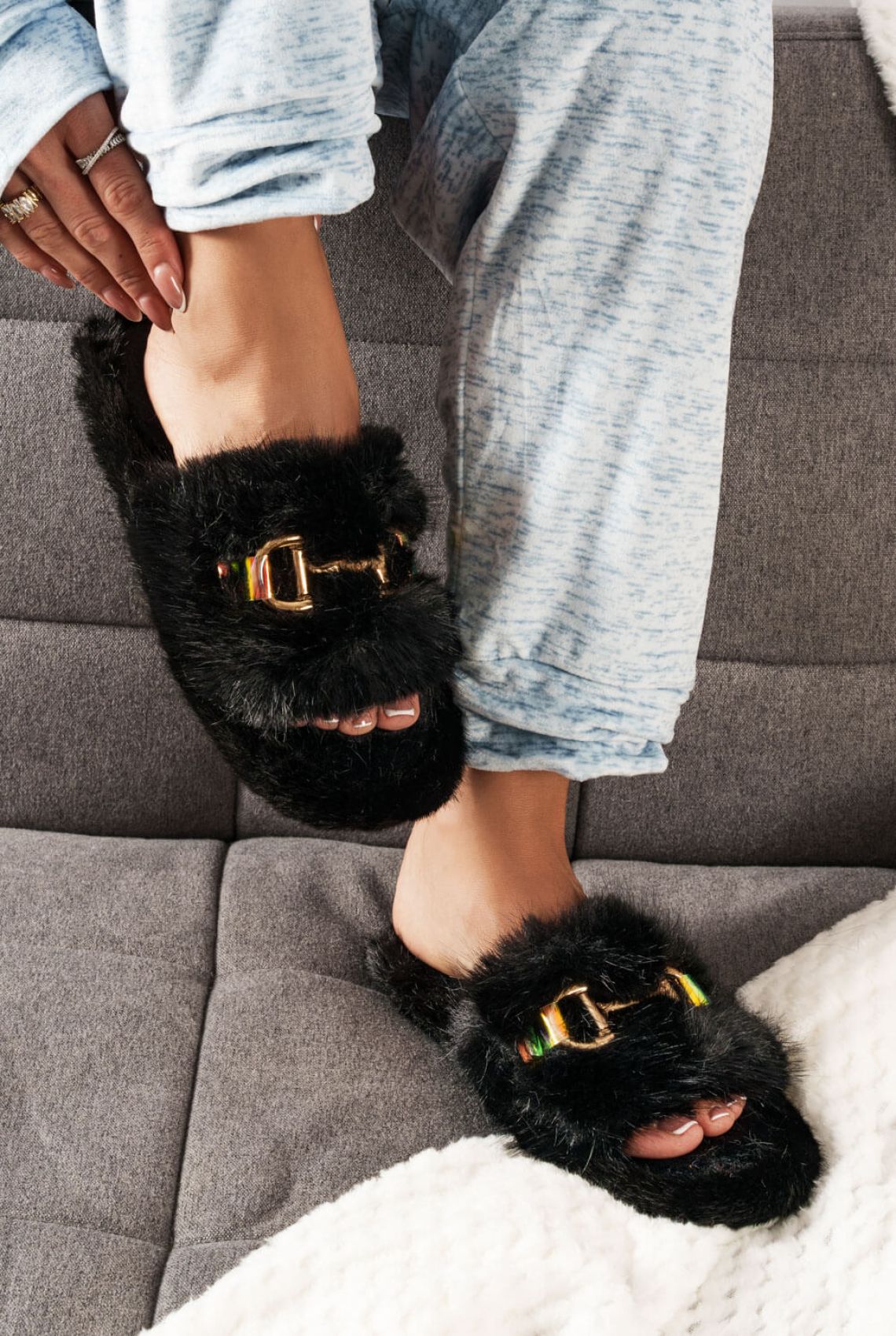 Black Fur Slippers with Metallic Detail