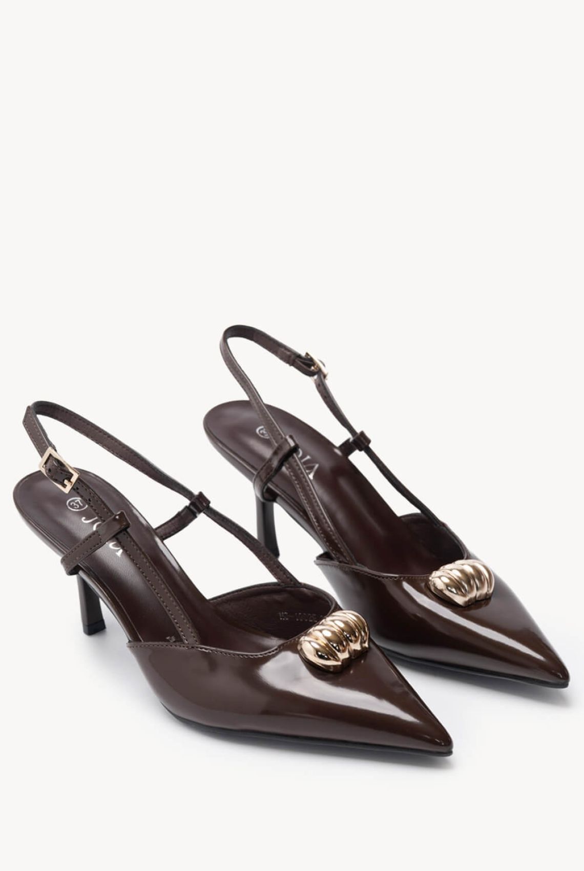 Καφέ Γόβες Slingback με Λουστρίν Υφή - Ζευγάρι παπουτσιών, γυναικείες γόβες