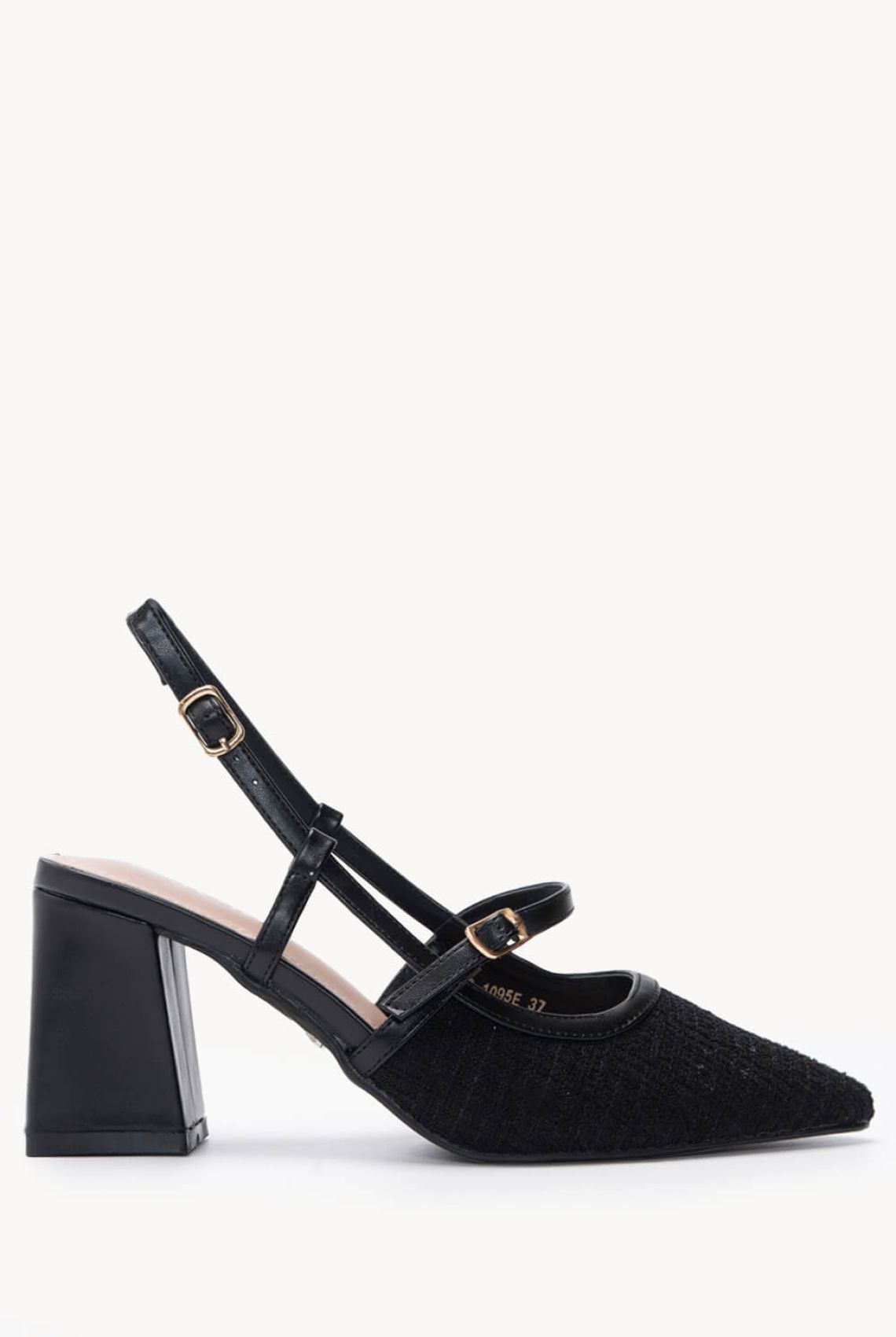 Μαύρες Γόβες Slingback με Υφασμάτινο Μπροστινό Τμήμα - Πλαϊνή λήψη, χοντρό τακούνι