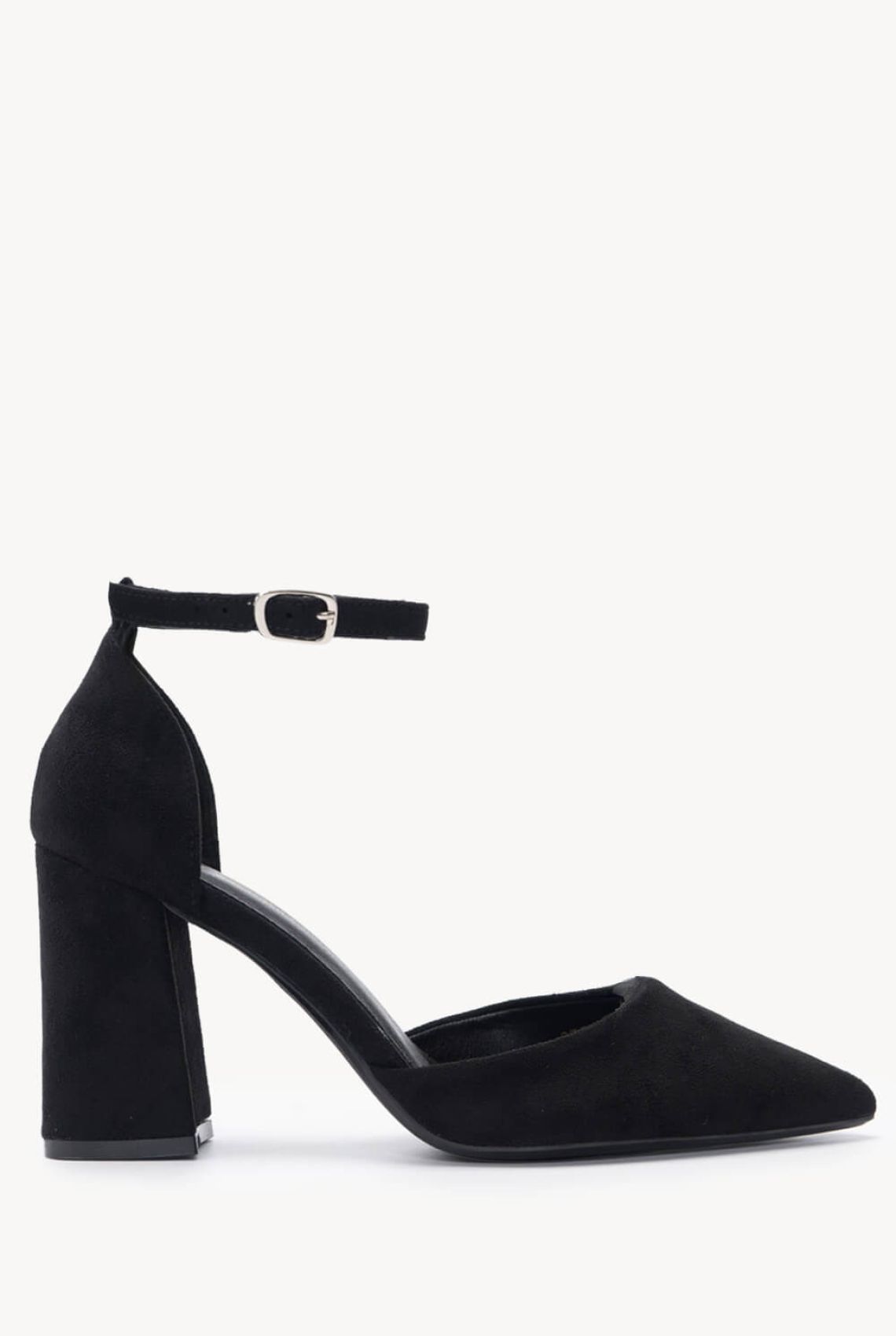 Μαύρες Μυτερές Slingback Γόβες με Φαρδύ Τακούνι - Πλαϊνή λήψη, κούμπωμα στη μπαρέτα