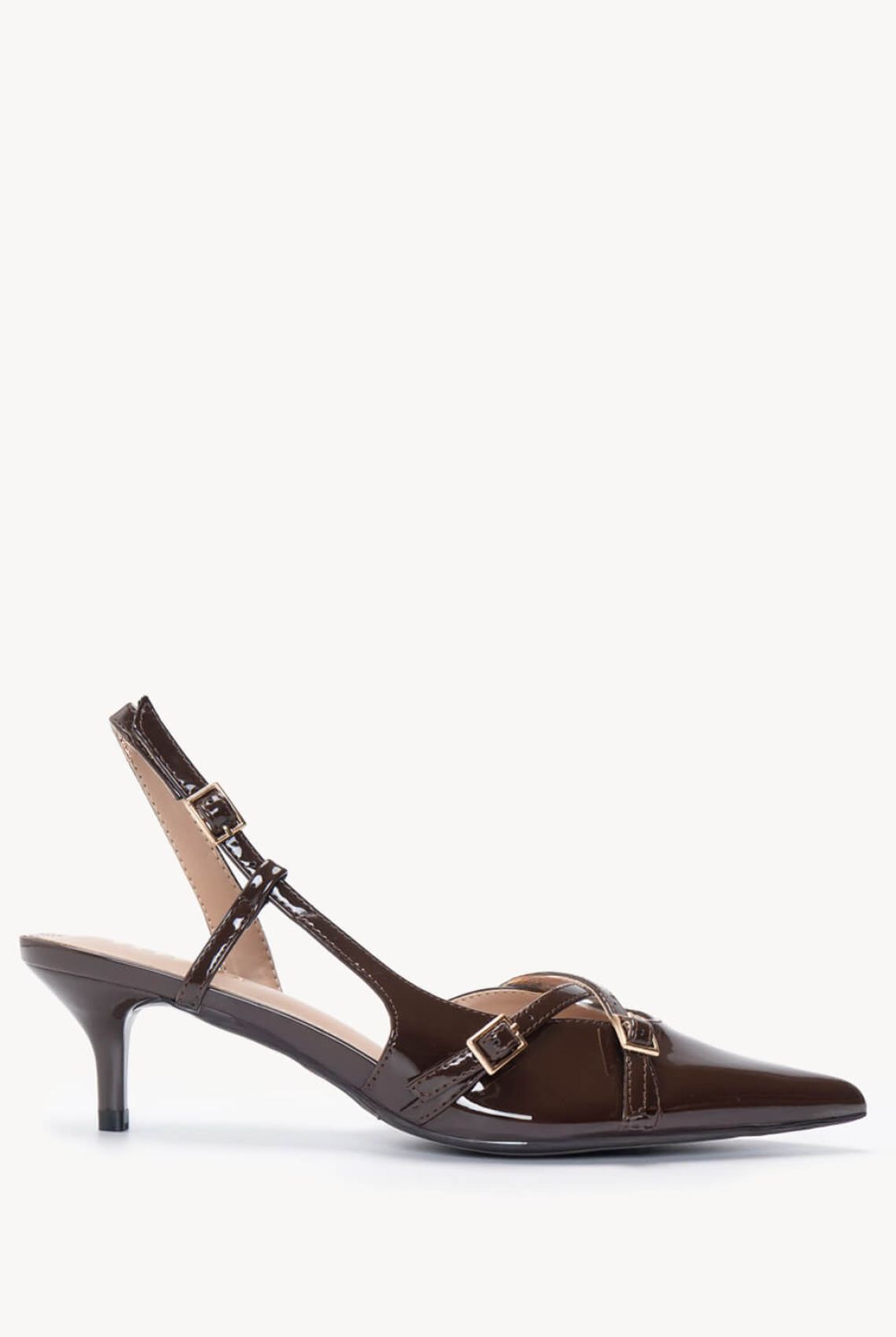 Καφέ Slingback Γόβες με Λουστρίν Υφή και Χαμηλό Τακούνι
