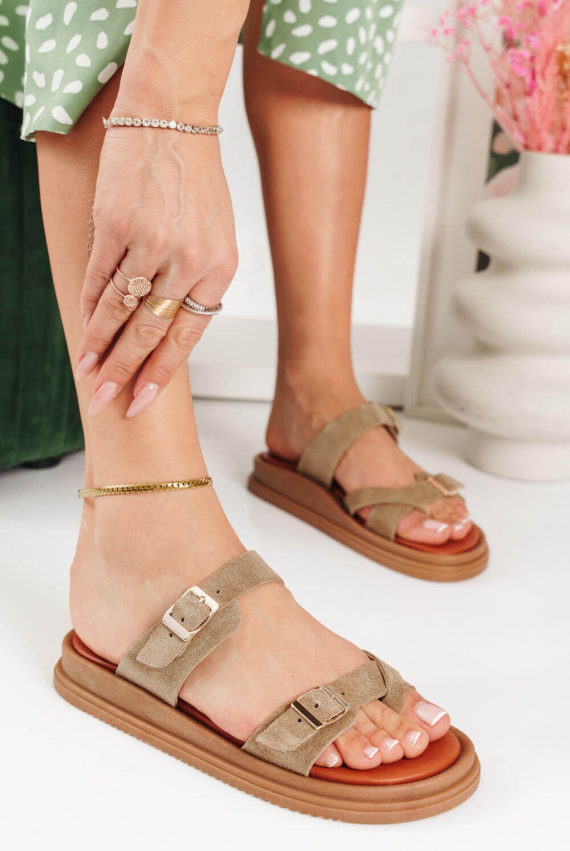 Μπεζ Flatform Παντόφλες με Διπλά Ρυθμιζόμενα Λουράκια