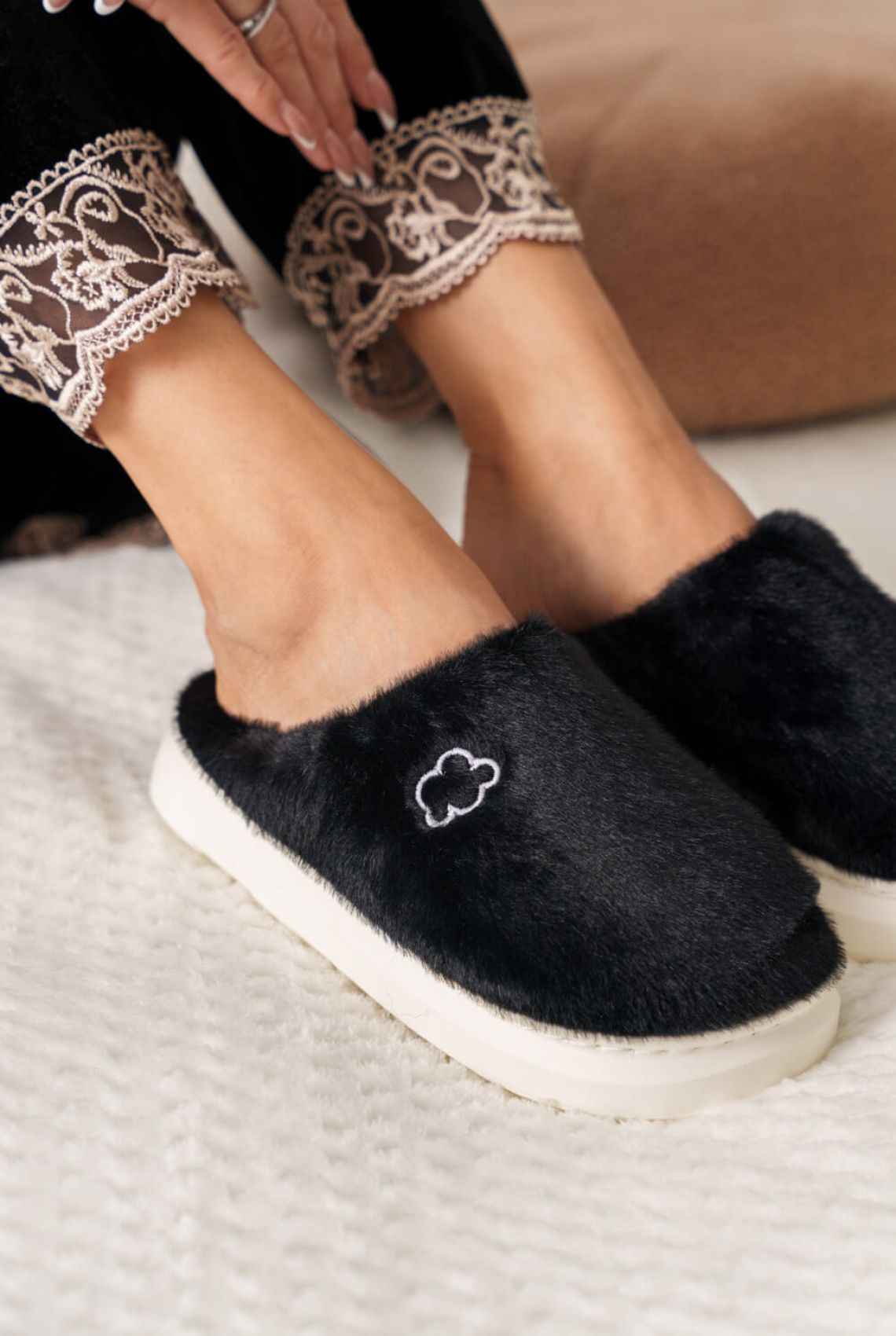 Black Soft House Slippers with Embroidered Cloud