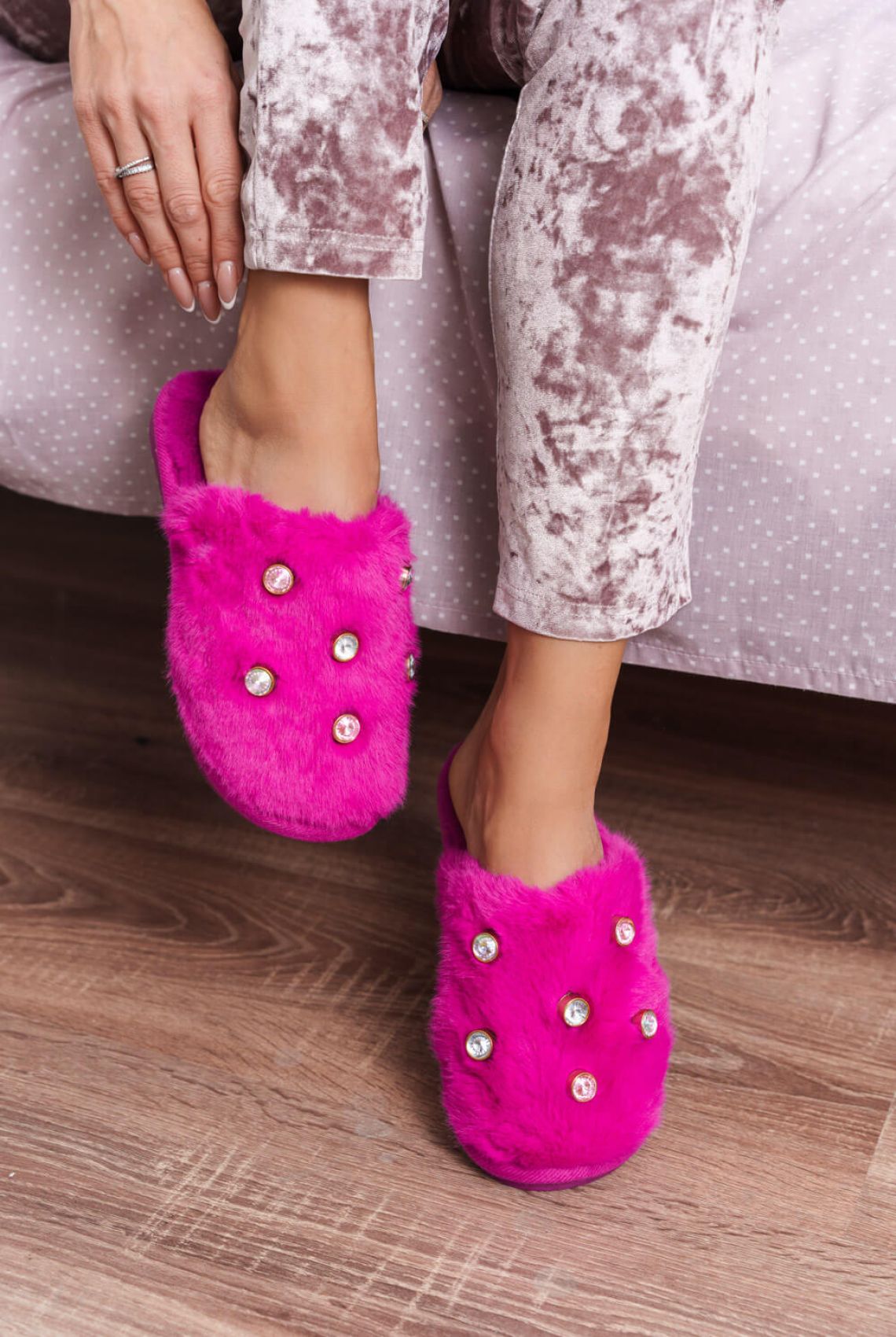 Rose Fluffy House Slippers with Multicolored Crystals