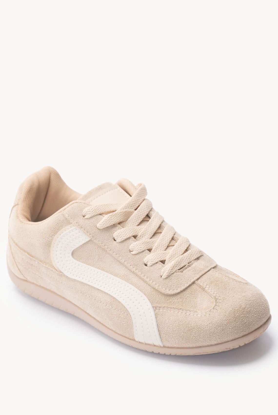 Μπεζ Sneakers με Σουετ Υφή και Κυματιστή Γραμμή - δέσιμο με κορδόνια