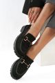 Μαύρα Σουέτ Loafers με Χρυσή Μεταλλική Λεπτομέρεια - Επάνω όψη