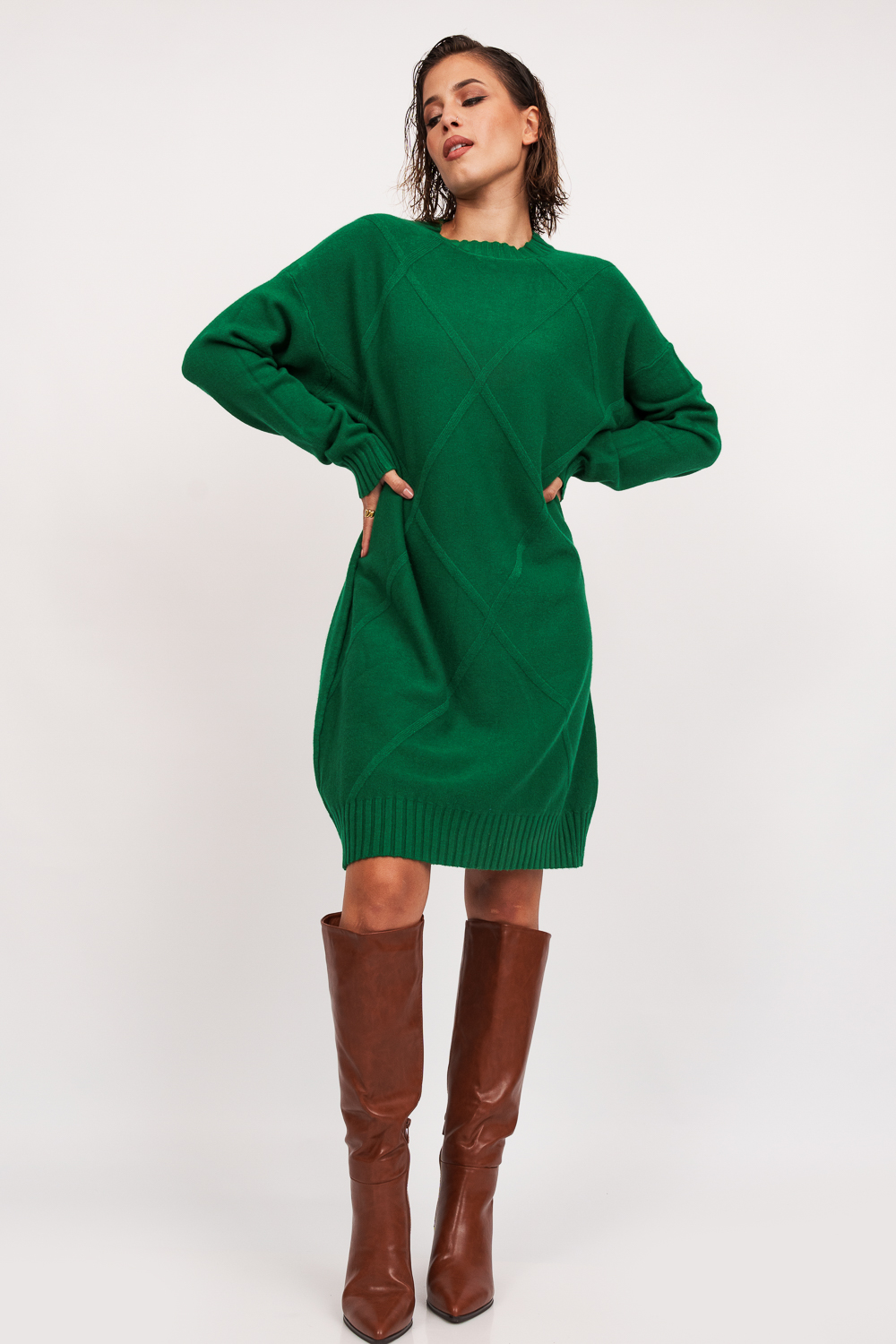 Πράσινο Πλεκτό Basic Φόρεμα σε Ανετη Γραμμή