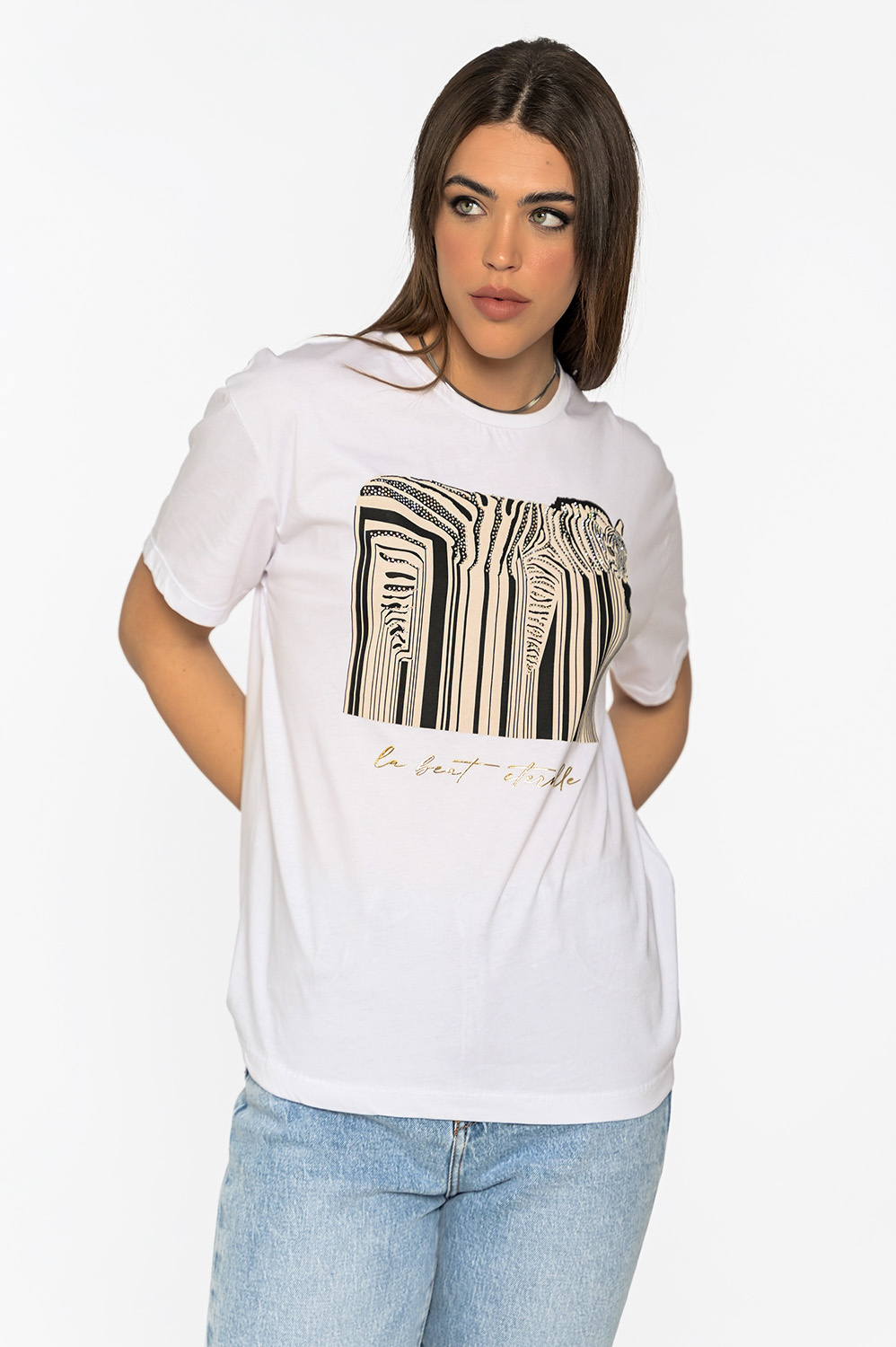 Λευκό T-Shirt με Τύπωμα και Στρας 23-1407-WHITE